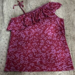 Red purple floral off shoulder tank XS linen boho hippie tie top old navy 🌺